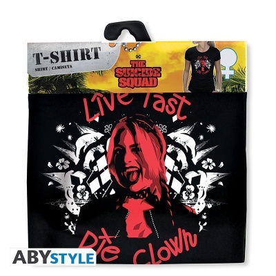 T-shirt preta com estampa feminina e embalagem colorida da marca The Suicide Squad