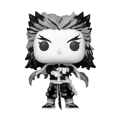 Figura Funko Pop preto e branco de personagem com espada e cabelo espetado