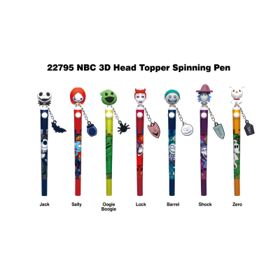 Sete canetas coloridas com cabeças 3D de personagens NBC e pendentes em fundo branco.