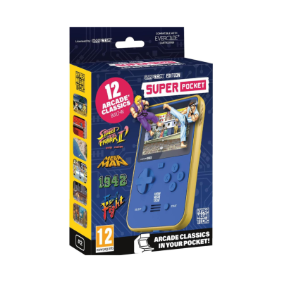 Consola portátil azul Super Pocket com jogos arcade clássicos embalada