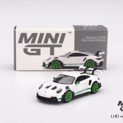Miniatura carro Porsche 911 GT3 RS branco com detalhes verdes e caixa MINI GT
