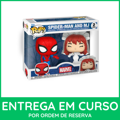 Caixa Funko Pop com figuras de Spider-Man e MJ em traje de noiva.