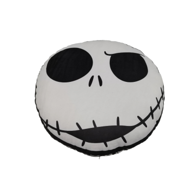 Almofada redonda com rosto sorridente estilizado em preto e branco