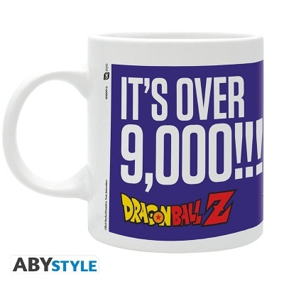 Caneca branca com texto IT'S OVER 9,000!!! e logo Dragon Ball Z