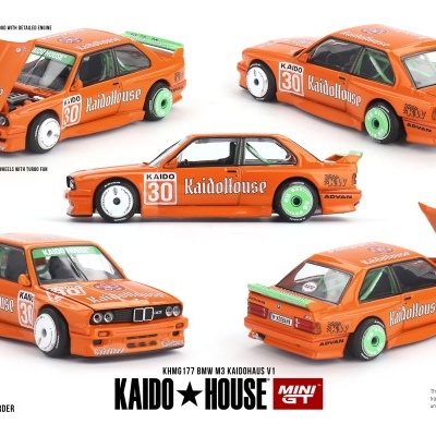 Miniaturas de carros BMW M3 laranja com logotipos KAIDO HOUSE e detalhes verdes, mostradas de vários ângulos em fundo branco