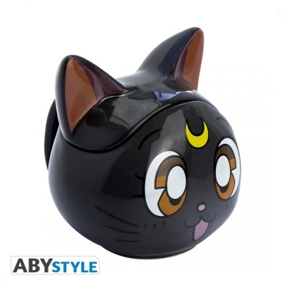 Caneca cerâmica preta formato cabeça de gato com olhos grandes e lua amarela na testa