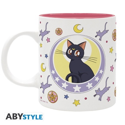 Caneca branca com interior rosa e desenhos de gatos negros e símbolos místicos coloridos