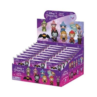 Caixa de figuras colecionáveis Disney Princess com personagens e texto em roxo e rosa