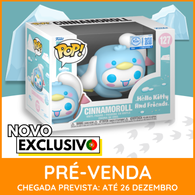 Figura Funko Pop! Cinnamoroll azul claro e branco em embalagem com texto PRÉ-VENDA.