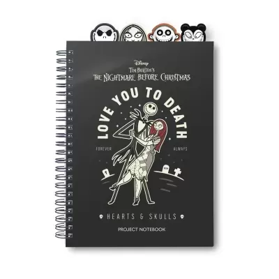 Caderno preto com ilustração The Nightmare Before Christmas e abas de personagens no topo