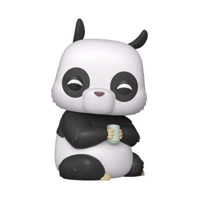 Figura decorativa de panda preto e branco sentado com um copo verde claro nas mãos