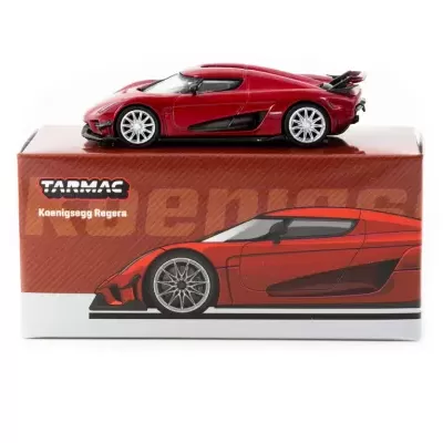 Miniatura de carro Koenigsegg Regera vermelho sobre caixa TARMAC