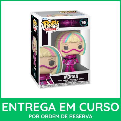 Caixa Funko Pop! Movies figura vinil M3GAN com cabelo riscado colorido e roupa rosa