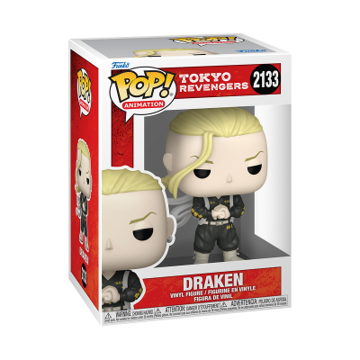 Boneco Funko Pop! Draken da série Tokyo Revengers em embalagem de cor vermelha e branca