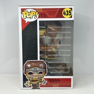Caixa de Funko Pop! número 435 com figura de personagem com capacete castanho e bigodes cinzentos