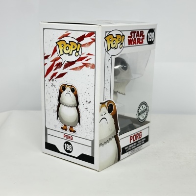 Caixa da figura Funko Pop! Porg Star Wars 198 com janela transparente e etiqueta exclusiva.