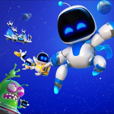 Robôs coloridos flutuando no espaço com planetas ao fundo