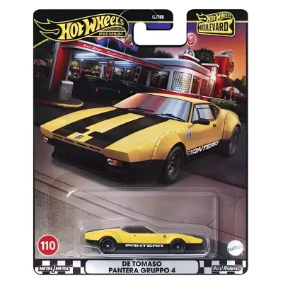 Miniatura Hot Wheels De Tomaso Pantera Gruppo 4 amarelo e preto na embalagem
