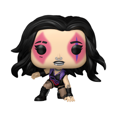Boneco Funko Pop com cabelo preto e maquilhagem rosa e roxa