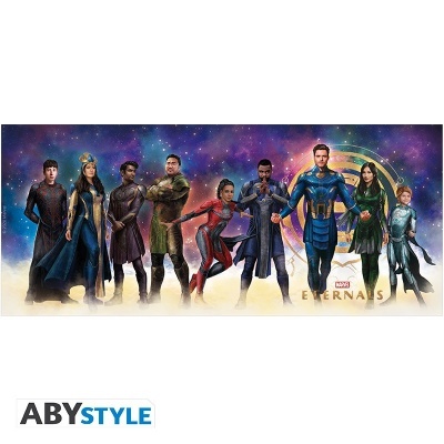 Personagens dos ETERNOS da Marvel em trajes futuristas com fundo galáctico e logotipo Marvel ETERNOS