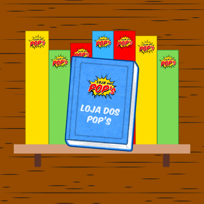 Livro azul LOJA DOS POP'S em prateleira com livros coloridos
