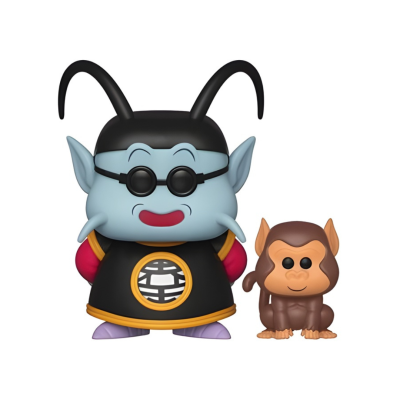 Duas figuras Funko Pop, uma personagem azul com óculos e chifres, outra de macaco castanho.