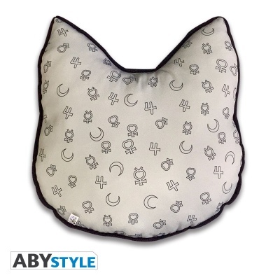 Almofada cinzenta em forma de cabeça de gato com símbolos astrológicos a preto