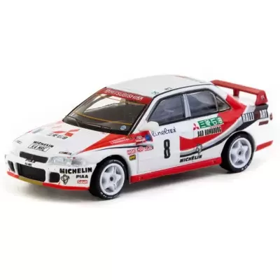 Miniatura de carro de corrida Mitsubishi com cores branca, vermelha e preta e número 8