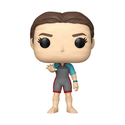Figura Funko Pop personagem com fato de mergulho cinza com vermelho e azul e cabelo castanho.