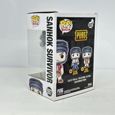 Embalagem Funko Pop! figura PUBG Sanhok Survivor nº 557 com ilustrações e fundo branco