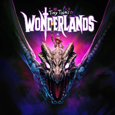 Imagem promocional do jogo Tiny Tina's Wonderlands com dragão e personagem pequena