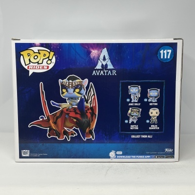 Caixa Funko Pop Rides Avatar com figura azul em dragão vermelho