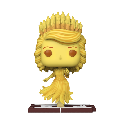 Figura de vinil amarela com coroa e vestido que parecem cera, em base de chocolate.