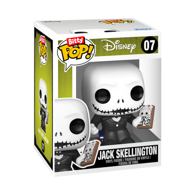 Mini figura vinil Jack Skellington Disney Bitty Pop! 07 numa caixa branca e amarela