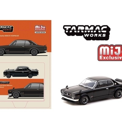 Miniatura preto Nissan Skyline 2000 GT-R embalagem Tarmac Works MiJo Exclusives
