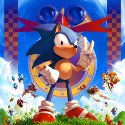 Personagem Sonic azul com sapatos vermelhos fazendo sinal de vitória em fundo colorido com outros personagens menores.