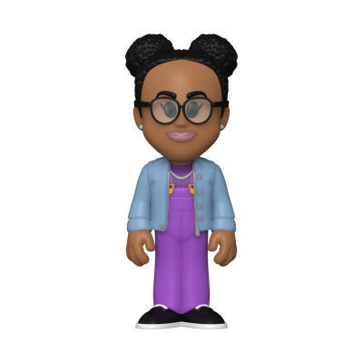 Boneca com roupas coloridas e óculos sobre fundo preto.