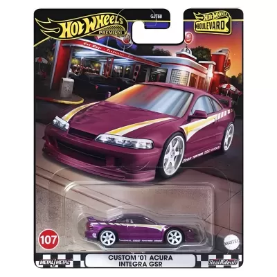 Carro em miniatura Hot Wheels Custom '01 Acura Integra GSR roxo em embalagem