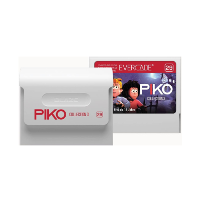 Cartucho branco Evercade PIKO Collection 3 com número 29 e caixa colorida com personagens animados