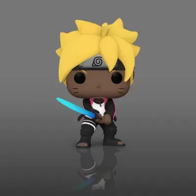 Figura Funko Pop personagem com cabelo amarelo e espada azul sobre fundo cinzento