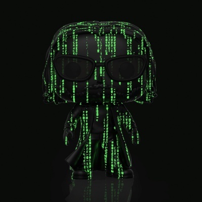 Figura Funko Pop Matrix com padrão código verde fluorescente em fundo preto