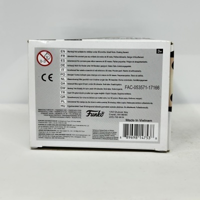 Caixa branca de produto Funko com avisos de segurança e código de barras
