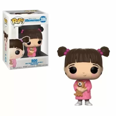 Figura Pop! de vinil da personagem Boo da Disney Pixar Monsters, com vestido rosa e cabelo em coques.