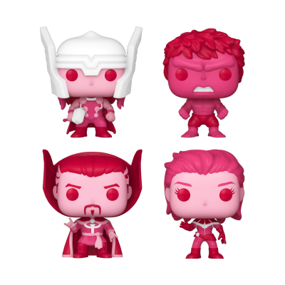 Quatro bonecos Funko Pop de super-heróis em tons rosa e vermelho