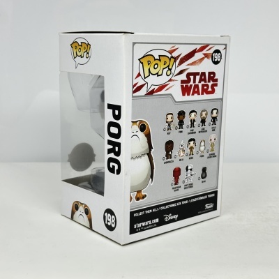 Embalagem Funko Pop! Star Wars Porg número 198 com janela transparente e ilustrações