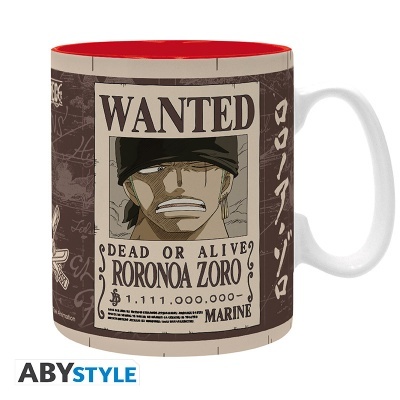Caneca branca com poster WANTED de Roronoa Zoro e interior vermelho