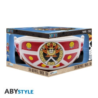 Tigela 3D temática One Piece em embalagem transparente com design colorido vermelho, branco e amarelo