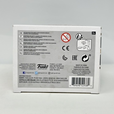 Caixa Funko Pop branca com texto informativo e código de barras na parte traseira