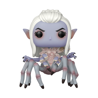 Figura Funko Pop personagem fantasia com corpo de aranha e cabelo branco.