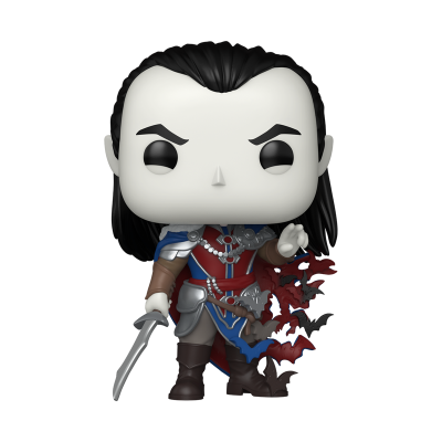 Funko Pop personagem medieval com espada, capa azul e morcegos